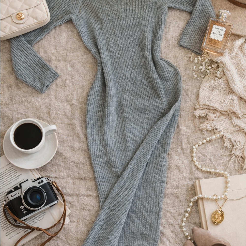 VENUS Gray Long Sleeve Ribbed Dress